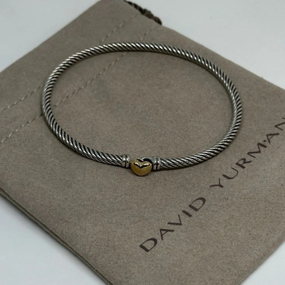 David Yurman Silver Bracelet with 14k Gold Heart sz large 3mm - Picture 2 of 3